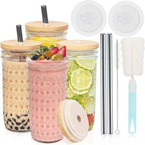 Bubble Tea Lot de 4 Verres à thé avec Couvercle et Paille Diamant