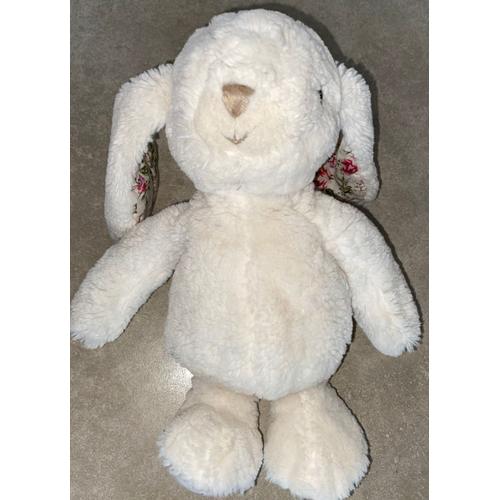 Doudou Lapin Blanc Bukowski Lovely Kanini Tissu Fleurs Roses Feuillage