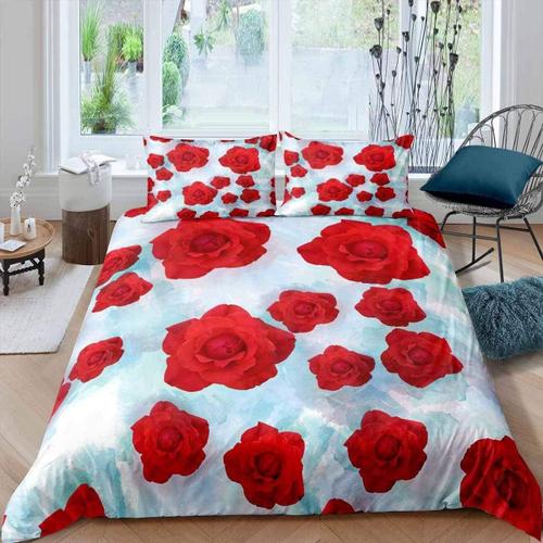 Housse De Couette X Fleurs Rouges Parure De Lit Romantique Personnes