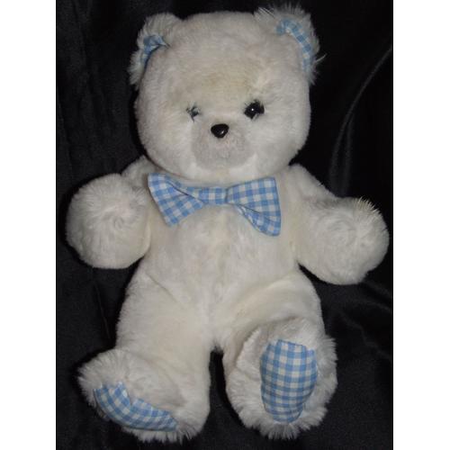 Ours Blanchet Doudou Peluche Blanc Vichy Bleu Cm Rakuten