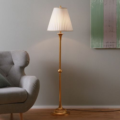 Lampe de chevet en bronze poli coupelle ajourée, abat-jour tissu plissé  Adara - Réf. 13090017 - mobile