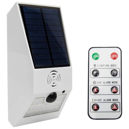 Lampe stroboscopique solaire avec détecteur de mouvement étanche Ip65  Alarme solaire led avec télécommande, sirène de sécurité sonore 129db