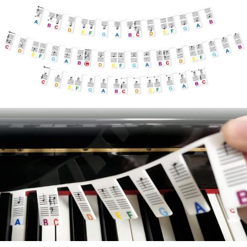 Autocollants de clavier de piano - 88/61/54/49/37 touches, 52 étiquettes  blanches et 36 étiquettes de notes noires Autocollants Ensemble complet,  transparent et amovible, guide de piano intéressant