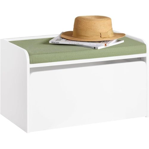 Banc de rangement TRIENT meuble bas coffre et 3 caisses de rangement, en  MDF et bois de paulownia blanc - Banc - Salon - Meuble