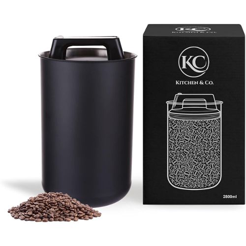 Boîte de café hermétique 1kg - Récipient de grains de café en acier  inoxydable avec valve co2 - Avec cuillère à mesurer (2,8 L noir)