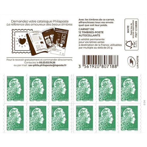 Carnet de 12 timbres-poste pour lettre verte 20 g, toute la papeterie.