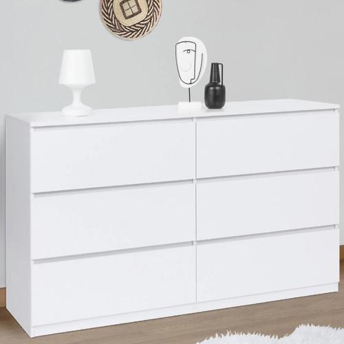 Commode TOMI XXL 6 Tiroirs 140 Cm - Blanc Et Bois Façon Hêtre - Neuve