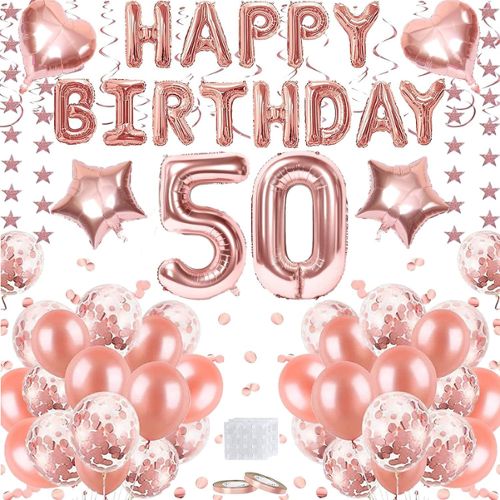 Déco anniversaire 50 ans or rose, bannière joyeux anniversaire, ballon  hélium chiffres 50 XXL, rideau à franges or rose confettis latex table  numéro déco confetti fille femme