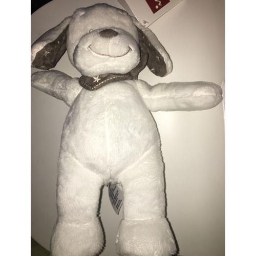 Peluche Chien blanc collier jaune Grosse Tete 30 cm Ajena Nounours