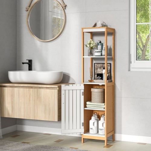 Meuble colonne rangement salle de bain MDF blanc aspect bois style cosy