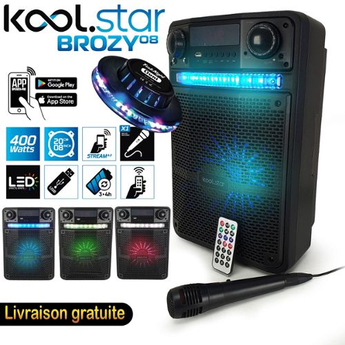 Enceinte karaoké led enfant ado party 400w batterie - 2 microphones +  application - usb/bluetooth/radio fm KOOLSTAR