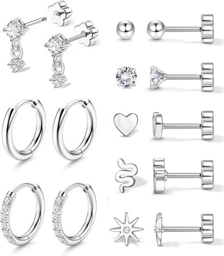Piercing Hélix Tragus Acier Inox ADRAMATA Boucles D'Oreilles Cartilage • Lot De 9 • Acier Inoxydable • CZ & Formes Étoile/Feuille Accessoire Piercing
