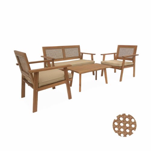 HARRIS - SALON DE JARDIN EN BOIS TECK 2 pers - Ensemble de jardin - 1 Table  carrée pliante 70 cm et 2 chaises textilène taupe