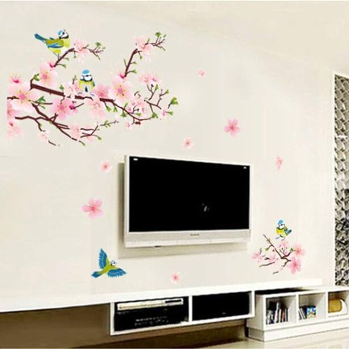 Stickers Muraux Fleurs de Cerisier Rose Autocollant Mural Floral Branche  Vigne Oiseaux Décoration Murale Chambre Salon