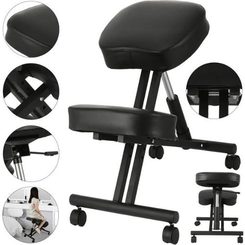 Tabouret chaise ergonomique siège assis genoux sur roulettes réglable  synthétique noir BUR04100