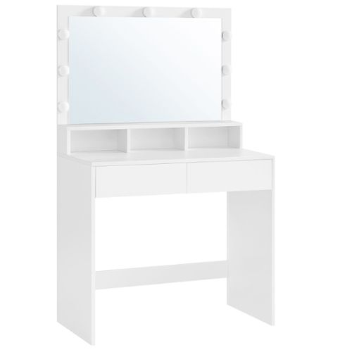 Coiffeuse scandinave blanche et bois avec tiroirs et miroir LED - LIVIA