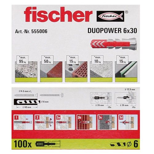 fischer - Cheville tous matériaux DuoPower 5 x 25 mm avec vis / Boite à  fenêtre de 50 : : Bricolage