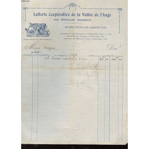 1 Facture Ancienne - Laiterie Cooperative De La Vallee De L'auge Par Rouillac - Beurre Extra-Fin Garanti Pir de ***