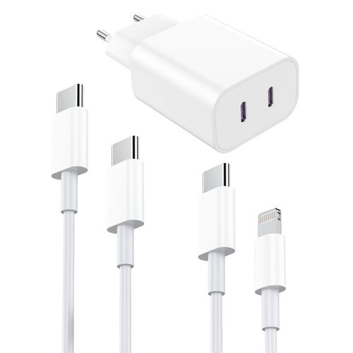 [Certificat Mfi] Chargeur Pour Iphone,2 Ports 20w Usb C Chargeur Rapide Avec Usb C Cble Et Lightning Cble,Pd 3.0 Type C Chargeur Compatible Avec Iphone 15/14/13/12/11/Se/Xs Max/X/8/Ipad,Samsung Etc