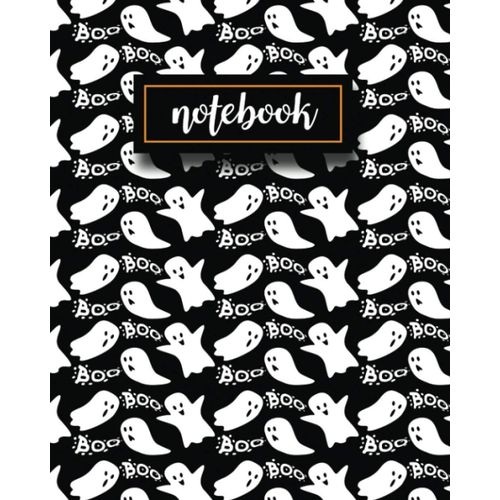 Notebook: Happy Halloween Ghost Cute Composition - Large 8.0 X 10- Ruled Lined 110 Pages: This Design With Ghost Cute Pattern On Black Background.    Format Broch 