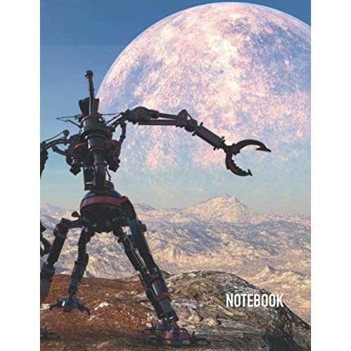 Notebook: Robots Ufo Figure Alien Landscape Theme Cover Journal Cahier: 8.5 X 11 100 Lined Pages Notebook For Notes, Ideas, Observations, Sketches    Format Broch 