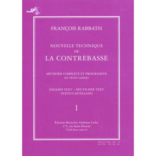 Franois Rabbath : Nouvelle Technique De La Contrebasse, Cahier 1 New Technique For The Double Bass, Part 1 - Recueil Avec Support(S) En Ligne Double Bass 9790046254376 Al25437