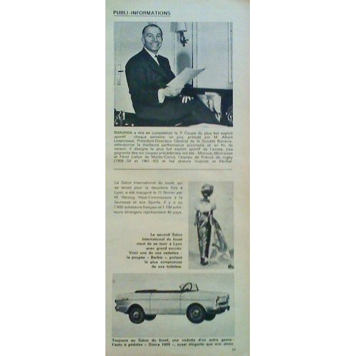 (Publicit Ancienne Mars 1963) Publi-Informations Concernant Albert Lespinasse Pdg De La Socit Banania - La Nouvelle Poupe Barbie Et Une Simca 1000  Pdales Au Salon International Du Jouet  Lyon