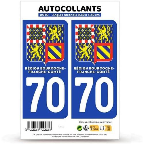 1. Fond Bleu : 9,8 X 4,5 Cm (Angles Arrondis) - 2 Stickers Dpartement 70 Haute-Sane - Bourgogne-Franche-Comt Ii En Version : Fond Bleu - 9,8 X 4,5 Cm Angles Arrondis