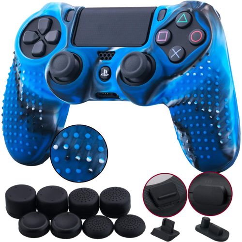 1 Morceau De Silicones Cas Couverture Peau Cover Skin + 8 Poignes De Pouce Capsules Analogiques Thumb Grip + 2 tanche  La Poussire Bouchons Pour Manette Ps4/Slim/Pro, Camouflage Bleu