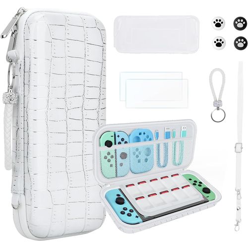 10 En 1 Pochette De Transport Compatible Avec Nintendo Switch Oled, Nouveau Crocodile Texture Rigide Housse De Protection Avec Protecteur D'cran, Coque De Switch Et Plus D'accessoires (Blanc)