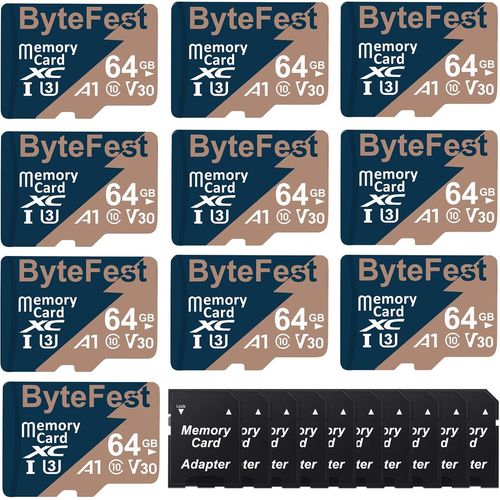 10 Pack Carte Mmoire Microsd 64Go Avec 10 Adaptateurs, Uhs-I U3 C10 V30 4K Uhd, Tf Card Pour Camras D'Action Drone Consoles De Jeux