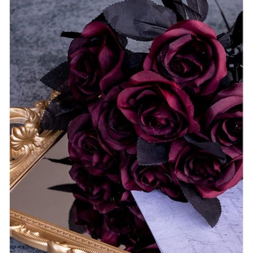 10 Pcs Black Artificial Roses Single Stem Realistic Silk Fake Roses For Party Decoration Wedding Bouquet Halloween Decoration (Wine Red)