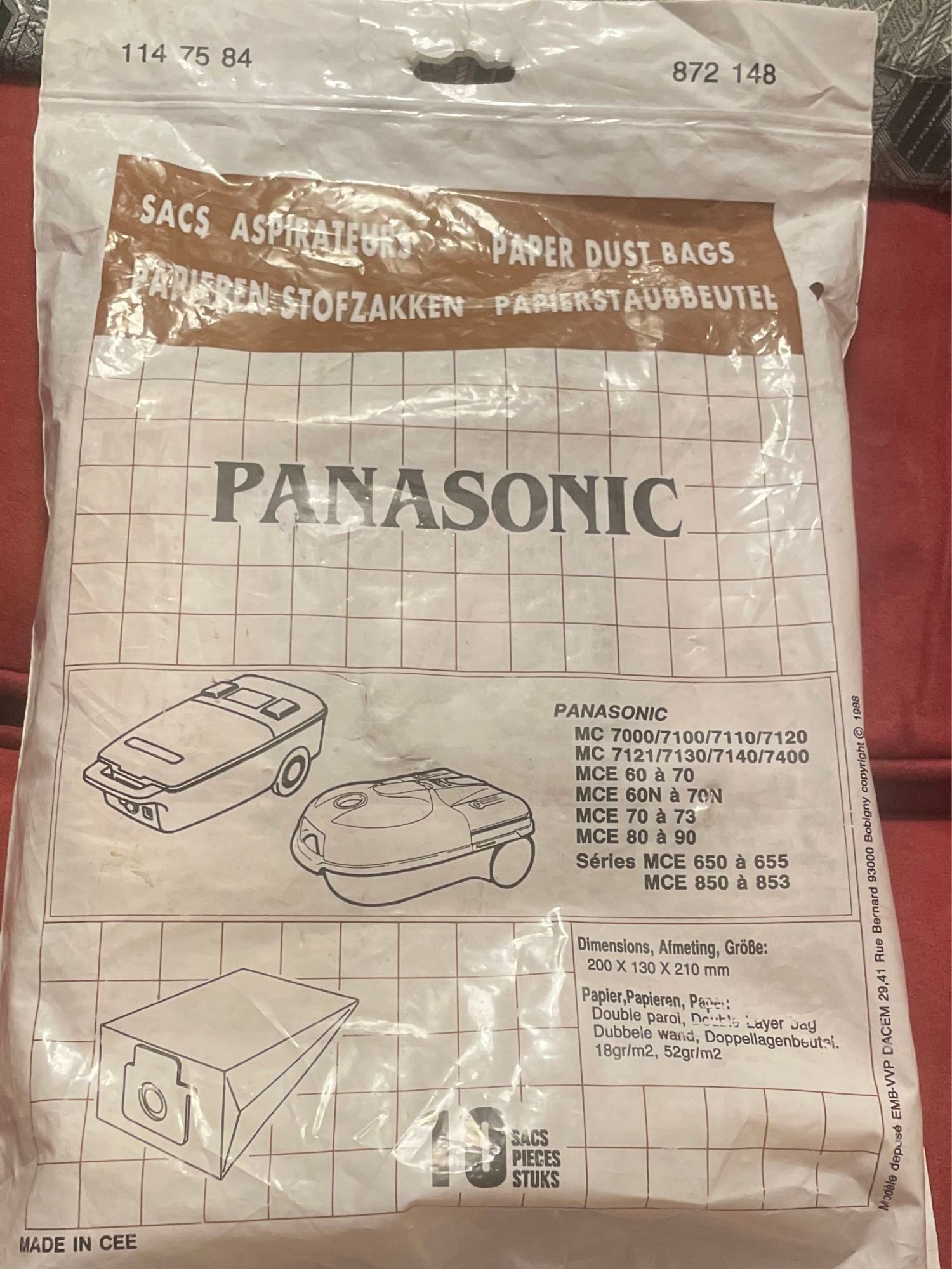 10 Sacs aspirateurs Panasonic MC7000  MC7400/ Mc7121  7400 MCE 60  70 MCE 60 N  70 N MCE 70  73 MCE 80  90 sries MCE 650  655 MCE 850  853 dim: 200x130x210