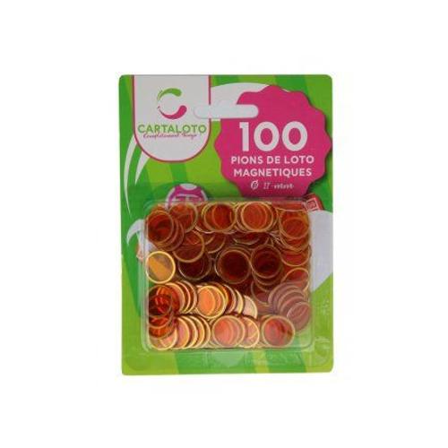 100 Pions De Loto Magnetiques, Orange Fluo - Transparents, Effet Loupe - Marquage Carton - Set Jetons Aimantes Bingo + Carte