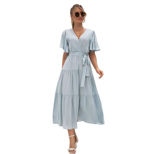 Robe De Cocktail Formelle Fluide À Manches Courtes Et Col En V (Bleu Clair) 2xl Goodnice