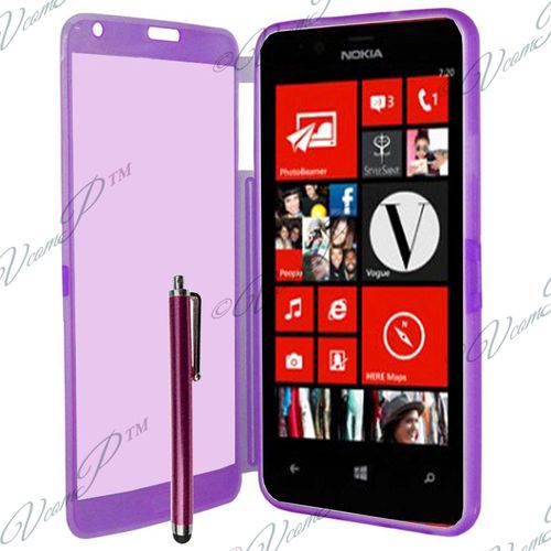 Nokia Lumia 520/ 525: Coque Etui Housse Pochette Silicone Gel Portfeuille Livre Rabat + Stylet- Violet