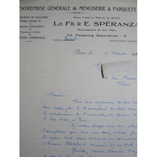 2 Lettres : Entreprise Générale De Menuiserie & Parquets, Les Fils De E. Spérenza. 1941