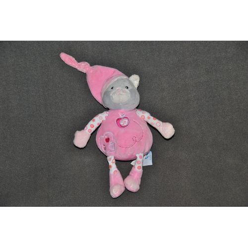 Chat Musical Doudou Peluche Gipsy Rose Gris Pommes Brodées 21 Cm Sans Le Bonnet 