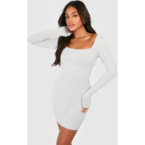 Square Neck Long Sleeve Bodycon Dress - Gris - 14