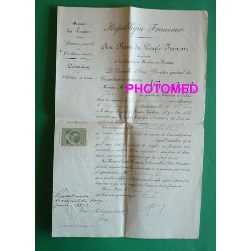 Licence De Buraliste (Débitant De Tabac) Datée De 1872