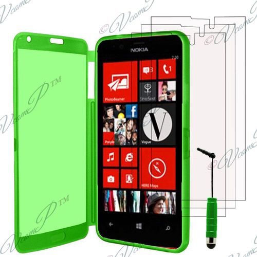 Lot Coque Etui Housse Pochette Silicone Gel Portfeuille Livre Rabat + 3 Films Transparent + 1 Mini Stylet Pour Nokia Lumia 520/ 525 - Vert