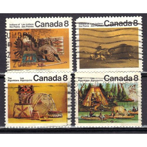 Canada 1972 : Indiens Canadiens Des Plaines : Objets Façonnés / Tableau "La Chasse Aux Bisons" De G.Catlin / Objets Façonnés / Indiens Micmacs - Série De 4 Timbres Oblitérés
