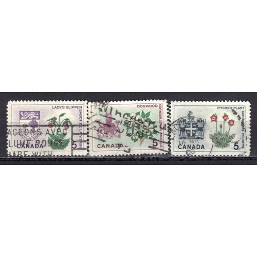 Canada 1964 : Armoiries Et Fleurs : Colombie Britannique / Le Prince Edouard / Territoire Du Nord-Ouest - Série De 3 Timbres Oblitérés