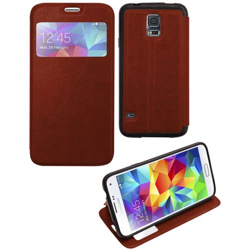 Etui Slim Folio View Articulé Marron Stand Pour Samsung Galaxy S5 G900