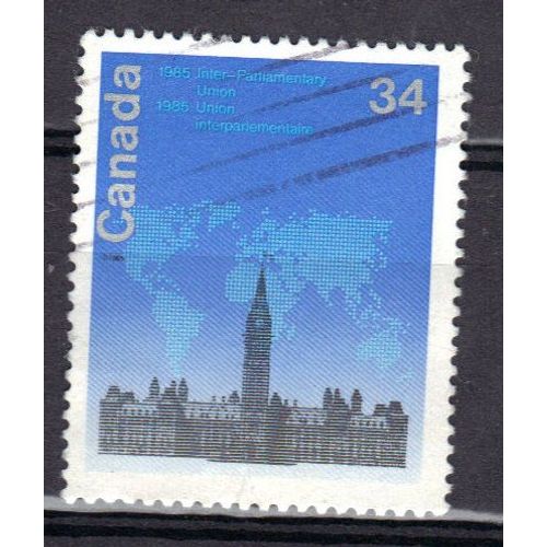 Canada 1985 : Conférence De L'union Interparlementaire À Ottawa : Edifices Du Parlement - Timbre 34 C. Bleu, Argent Et Noir Oblitéré