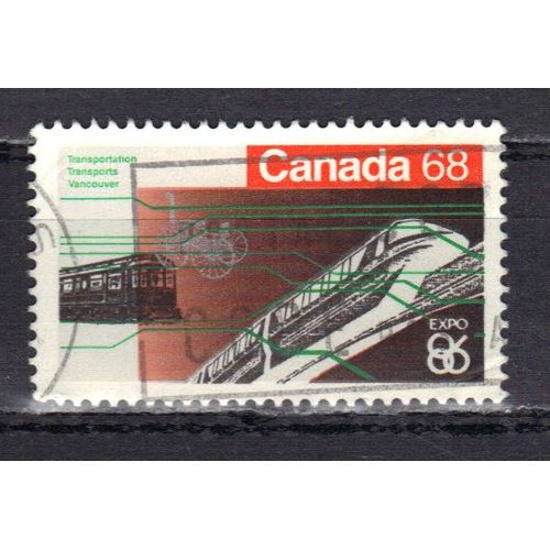 Canada 1986 : "Expo86" : Exposition Internationale À Vancouver : Trains Ancien Et Moderne - Timbre 68 C. Multicolore Oblitéré