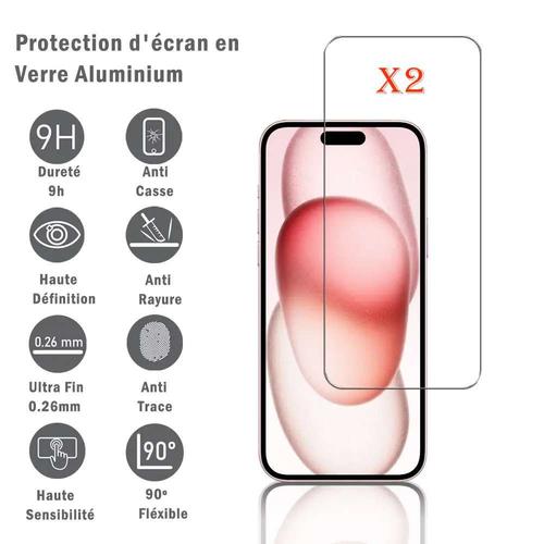 2 Films Protection D'écran En Verre D'aluminium Super Résistant 9h Pour Apple Iphone 15 6.1", Définition Hd, Anti-Rayures, Anti-Empreintes Digitales