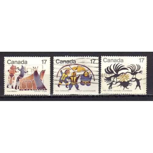 Canada 1979 : Les Inuits, Le Gite, La Communauté : La Tente D'été / L'igloo / La Danse - Série De 3 Timbres Oblitérés