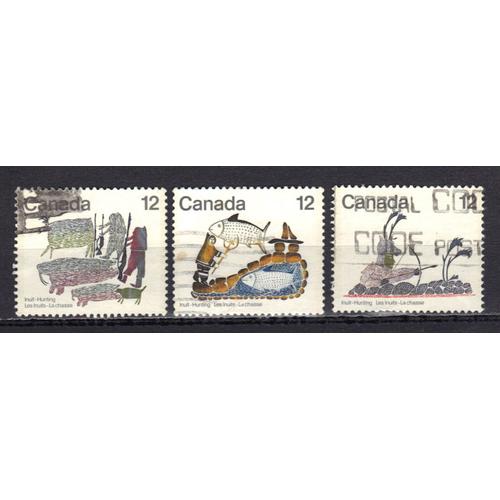 Canada 1977 : Les Inuits : Leurs Chasses : Chasse Au Phoque / Pêche À La Lance / Chasseur De Caribou - Série De 3 Timbres Oblitérés
