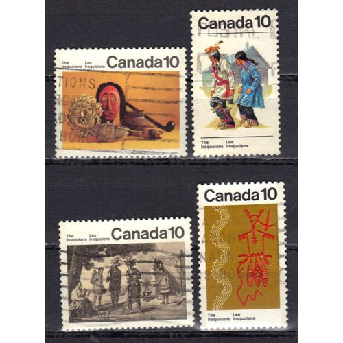 Canada 1976 : Les Iroquois : Objets Façonnés / Costumes De Cérémonies / Aquatinte D'un Campement Iroquois / Symbole Graphique, Version De L'oiseau-Tonnerre - Série Entière De 4 Timbres Oblitérés